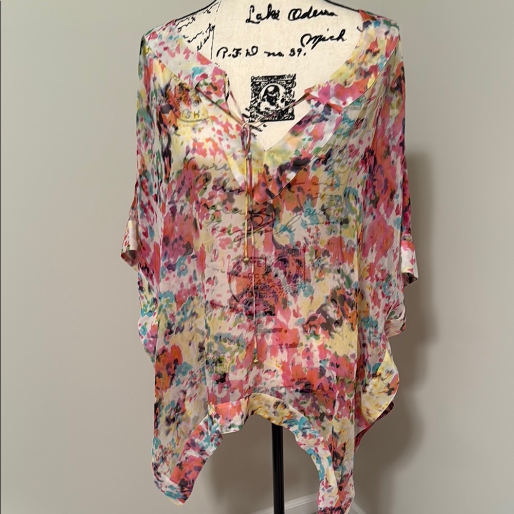 Kensie Pink and Red Asymmetrical Blouse